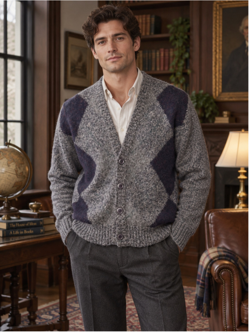 VTG Cardigan Men’s L Gernadier Virgin Wool Argyle Eclectic Grandpa Preppy Gray